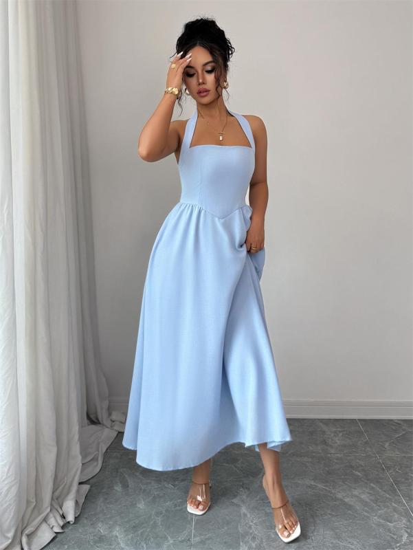Blue Straps Square Neck Pleated Women Birthday Party Prom Midi Dress