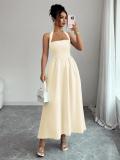Apricot Straps Square Neck Pleated Women Birthday Party Prom Midi Dress