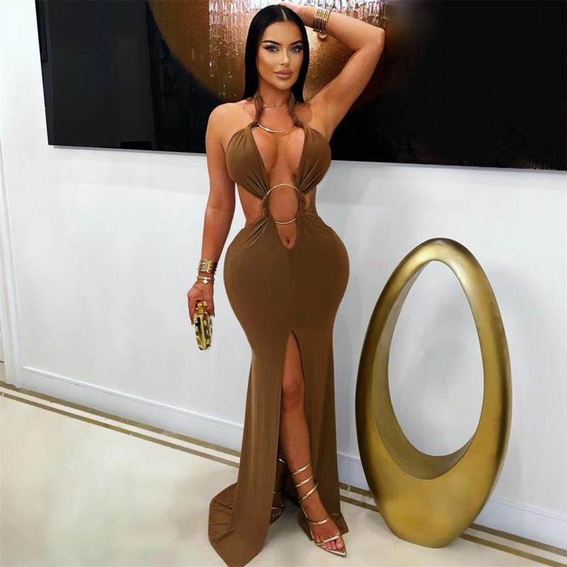 Brown Halter Deep V Neck Rings Split Evening Party Maxi Dress