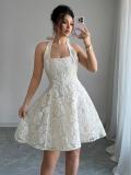 Apricot Square Neck Embroidered Lining Elegant Mini Skirt Dress