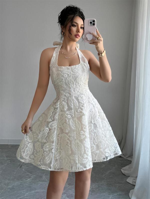 Apricot Square Neck Embroidered Lining Elegant Mini Skirt Dress