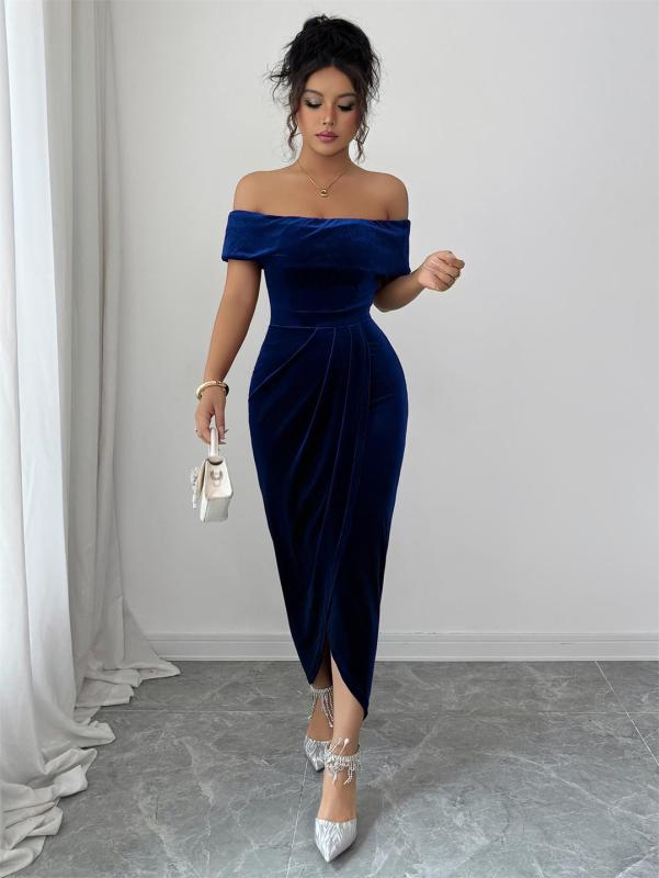 Royal Blue Off Shoulder Velvet Elegant Women Office Casual Midi Dress