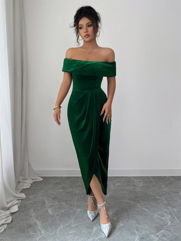Green Off Shoulder Velvet Elegant Women Office Casual Midi Dress