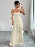 Beige Off Shoulder Elegant Pleated Ruffles Women Evening Formal Maxi Dress