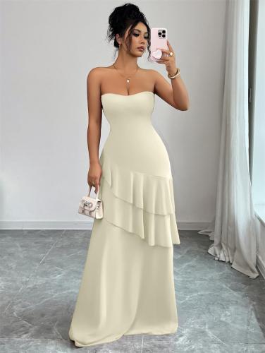 Beige Off Shoulder Elegant Pleated Ruffles Women Evening Formal Maxi Dress