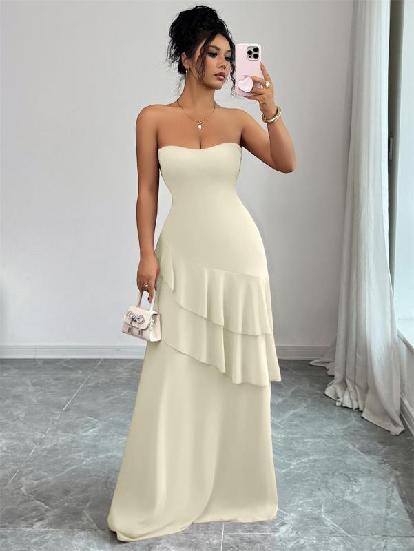 Beige Off Shoulder Elegant Pleated Ruffles Women Evening Formal Maxi Dress