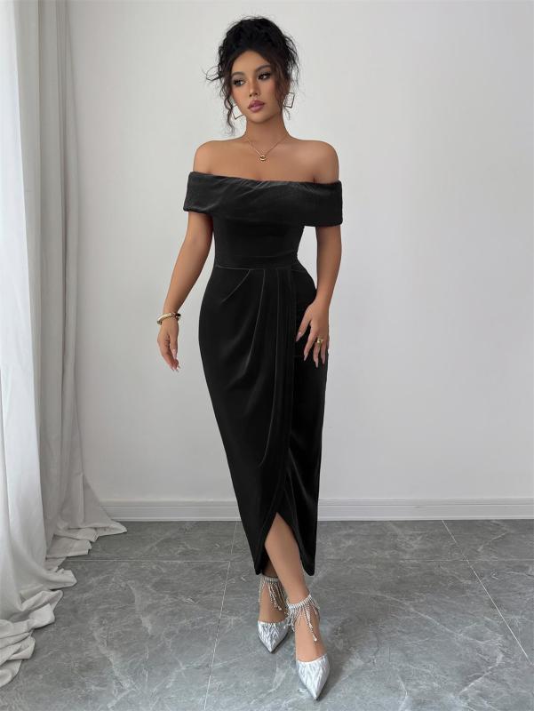 Black Off Shoulder Velvet Elegant Women Office Casual Midi Dress