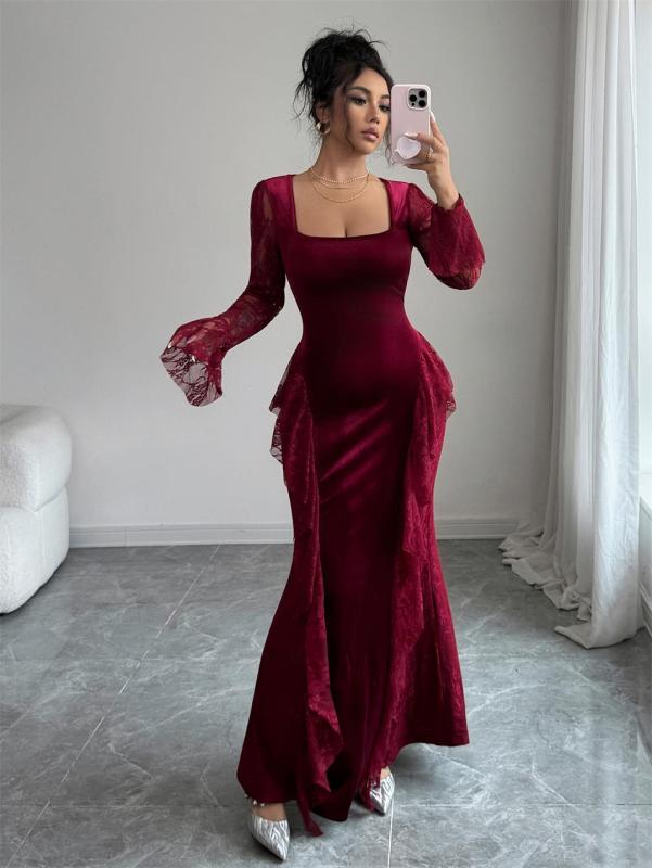 Wine Red Lace Hollow Out Square Neck Long Sleeve Bodycon Evening Birthday Party Maxi Dress