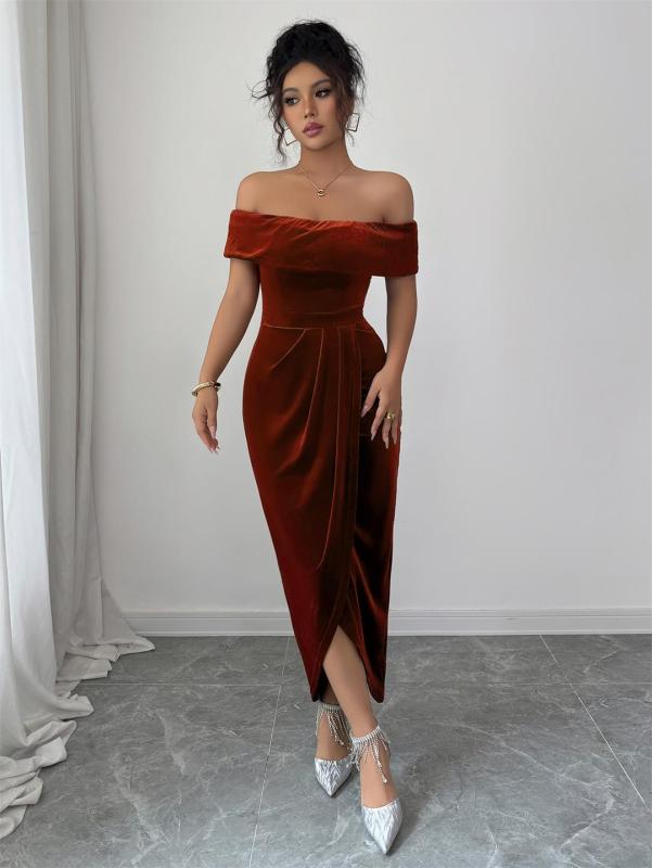 Brown Off Shoulder Velvet Elegant Women Office Casual Midi Dress