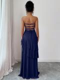 Royal Blue Off Shoulder Elegant Pleated Ruffles Women Evening Formal Maxi Dress