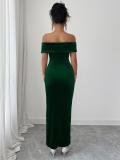 Green Off Shoulder Velvet Elegant Women Office Casual Midi Dress