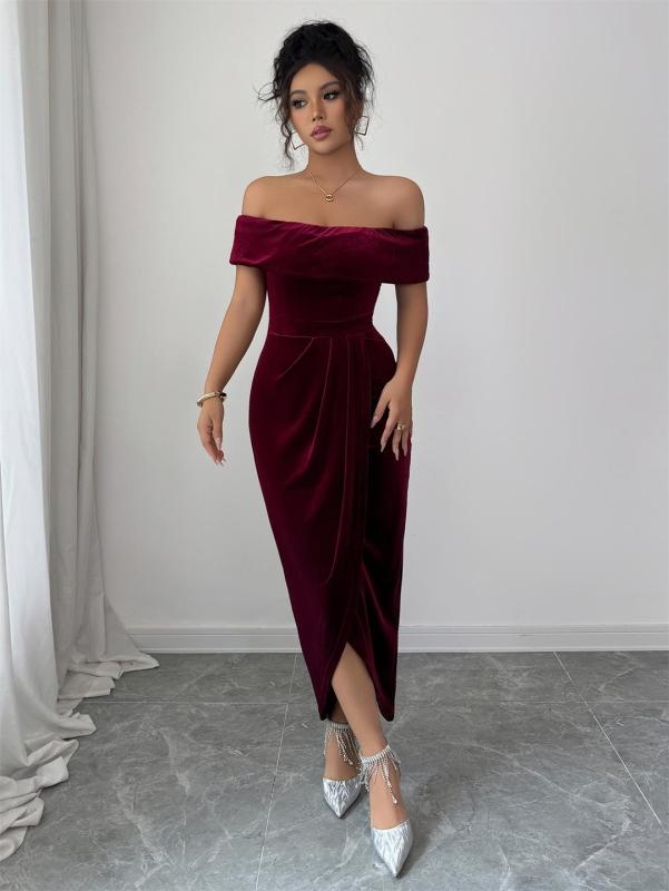 Wine Red Off Shoulder Velvet Elegant Women Office Casual Midi Dress