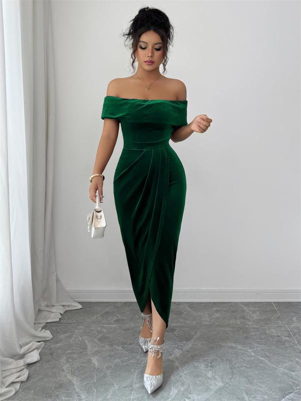 Green Off Shoulder Velvet Elegant Women Office Casual Midi Dress