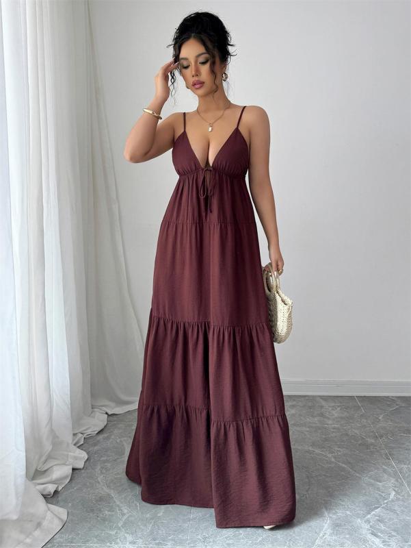 Wine Red Straps V Neck Pleated Vacation Party Leisure Maxi Dress