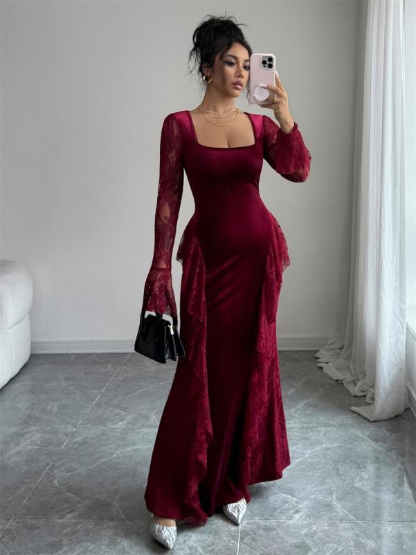 Wine Red Lace Hollow Out Square Neck Long Sleeve Bodycon Evening Birthday Party Maxi Dress