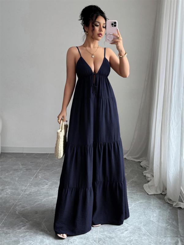 Royal Blue Straps V Neck Pleated Vacation Party Leisure Maxi Dress
