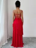 Red Off Shoulder Elegant Pleated Ruffles Women Evening Formal Maxi Dress