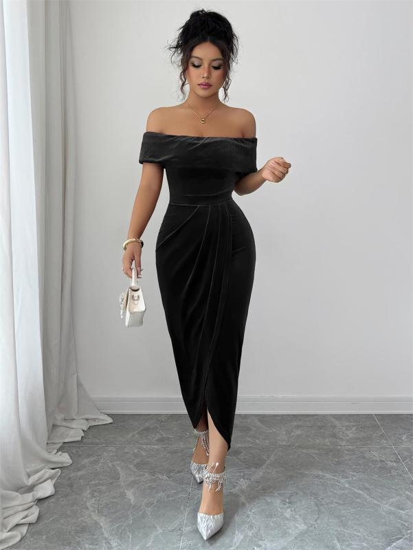 Black Off Shoulder Velvet Elegant Women Office Casual Midi Dress