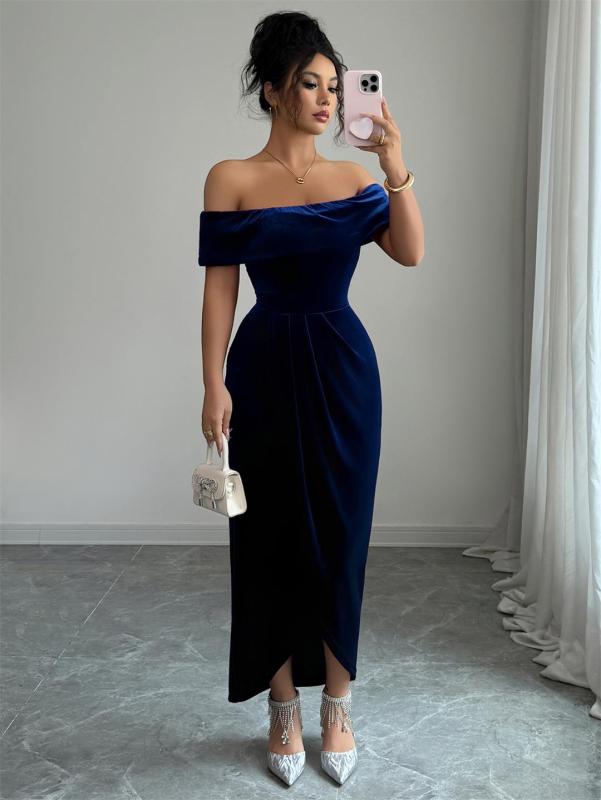 Royal Blue Off Shoulder Velvet Elegant Women Office Casual Midi Dress