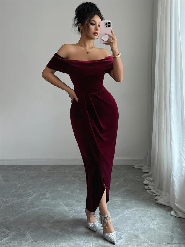 Wine Red Off Shoulder Velvet Elegant Women Office Casual Midi Dress