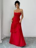 Red Off Shoulder Elegant Pleated Ruffles Women Evening Formal Maxi Dress