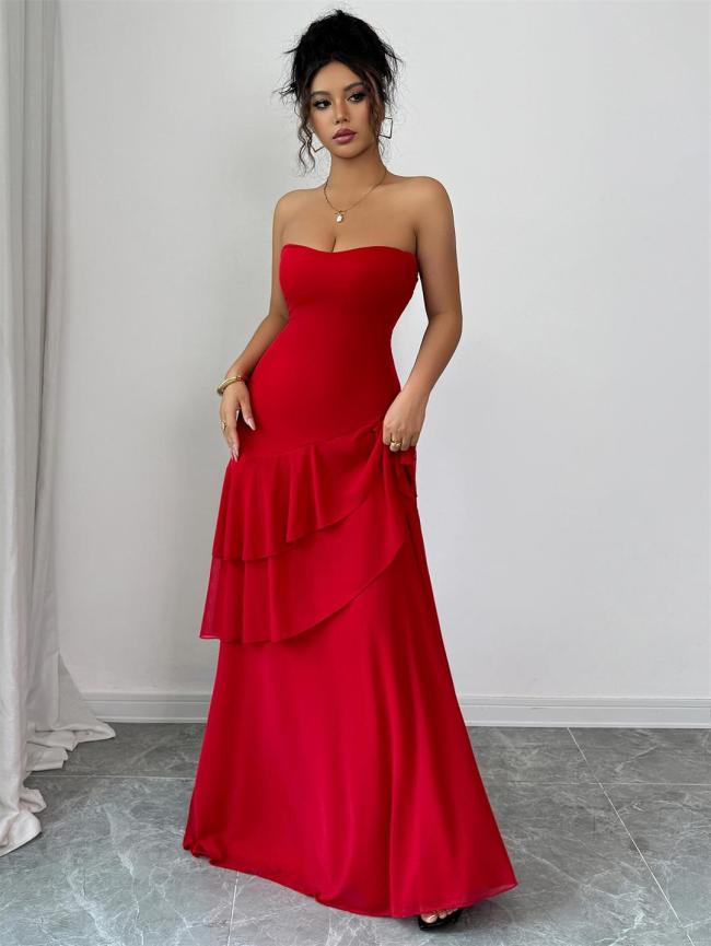 Red Off Shoulder Elegant Pleated Ruffles Women Evening Formal Maxi Dress