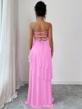 Pink Off Shoulder Elegant Pleated Ruffles Women Evening Formal Maxi Dress