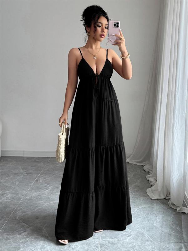 Black Straps V Neck Pleated Vacation Party Leisure Maxi Dress