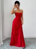 Red Off Shoulder Elegant Pleated Ruffles Women Evening Formal Maxi Dress