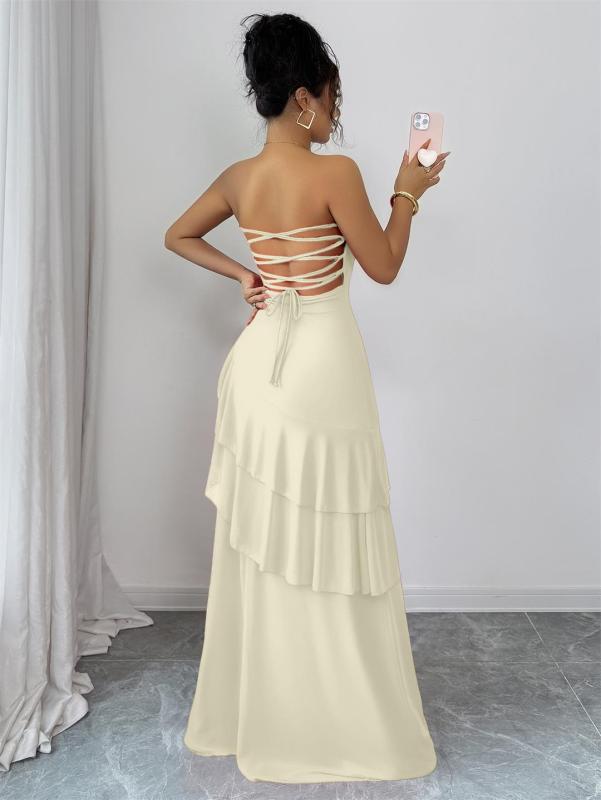 Beige Off Shoulder Elegant Pleated Ruffles Women Evening Formal Maxi Dress