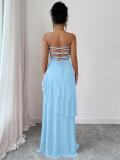 Blue Off Shoulder Elegant Pleated Ruffles Women Evening Formal Maxi Dress