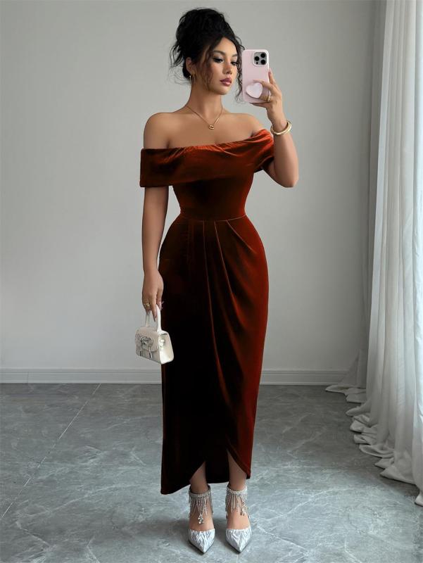 Brown Off Shoulder Velvet Elegant Women Office Casual Midi Dress