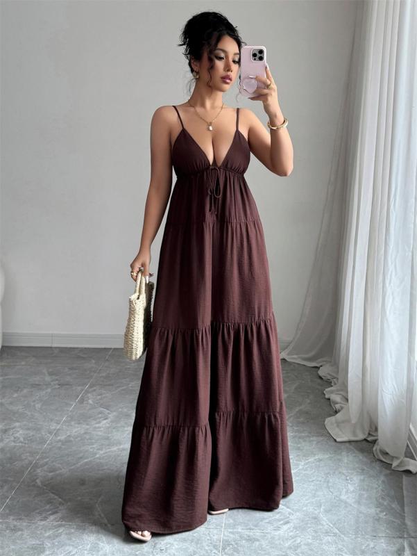 Brown Straps V Neck Pleated Vacation Party Leisure Maxi Dress