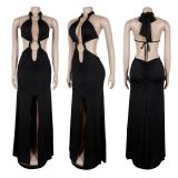 Black Halter Deep V Neck Rings Split Evening Party Maxi Dress