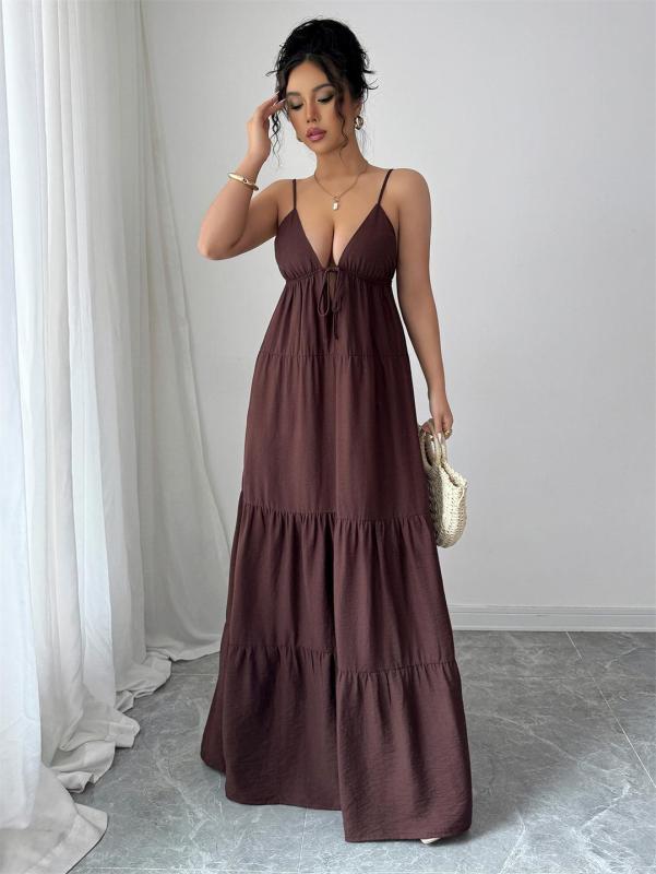 Brown Straps V Neck Pleated Vacation Party Leisure Maxi Dress