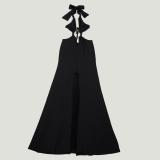 Black Halter Deep V Neck Rings Split Evening Party Maxi Dress