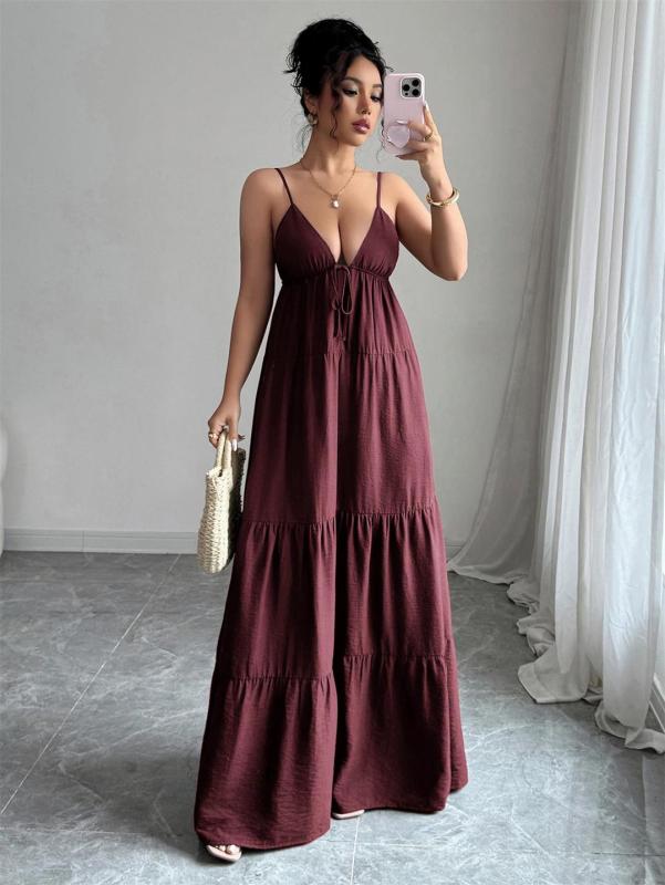 Wine Red Straps V Neck Pleated Vacation Party Leisure Maxi Dress