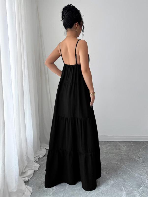 Black Straps V Neck Pleated Vacation Party Leisure Maxi Dress