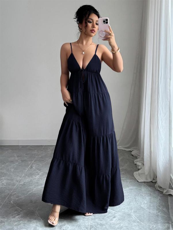 Royal Blue Straps V Neck Pleated Vacation Party Leisure Maxi Dress