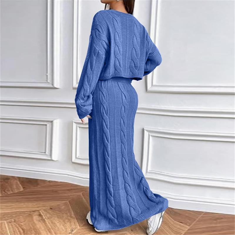 Blue Long Sleeve Knitted Pullover Cardigan Pleated Bodycon Long Skirt Sets