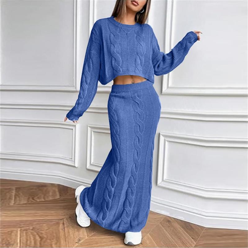 Blue Long Sleeve Knitted Pullover Cardigan Pleated Bodycon Long Skirt Sets