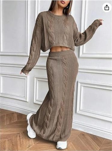 Khaki Long Sleeve Knitted Pullover Cardigan Pleated Bodycon Long Skirt Sets