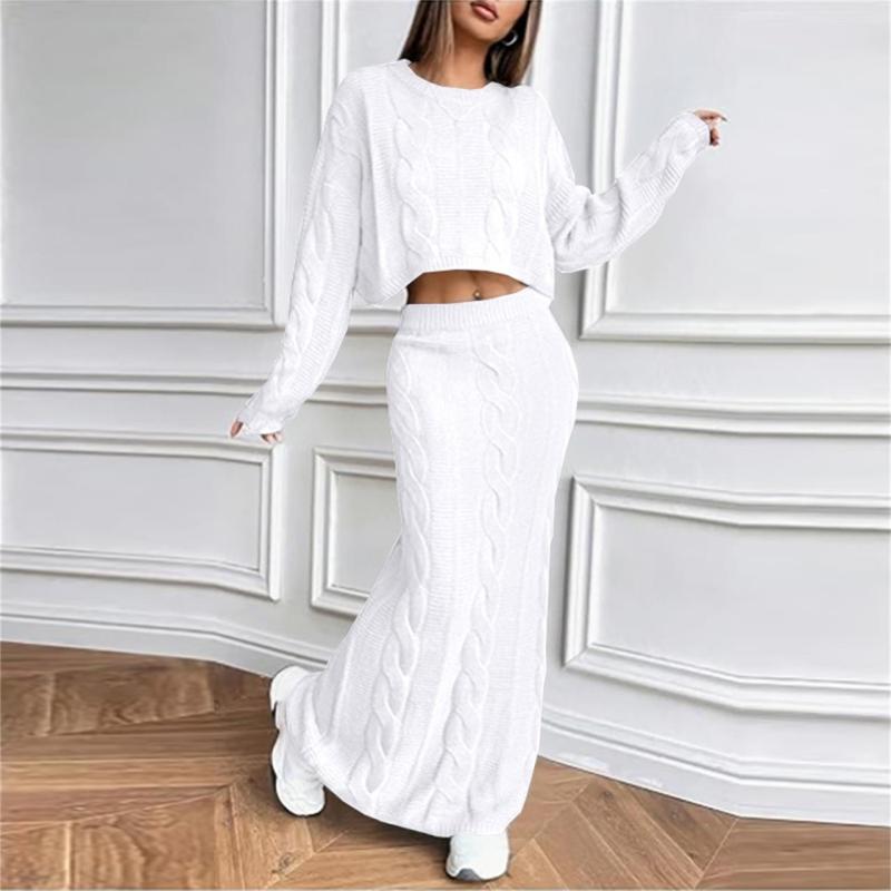 White Long Sleeve Knitted Pullover Cardigan Pleated Bodycon Long Skirt Sets
