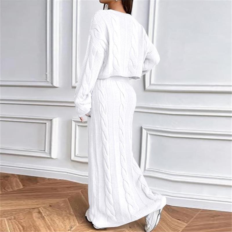 White Long Sleeve Knitted Pullover Cardigan Pleated Bodycon Long Skirt Sets