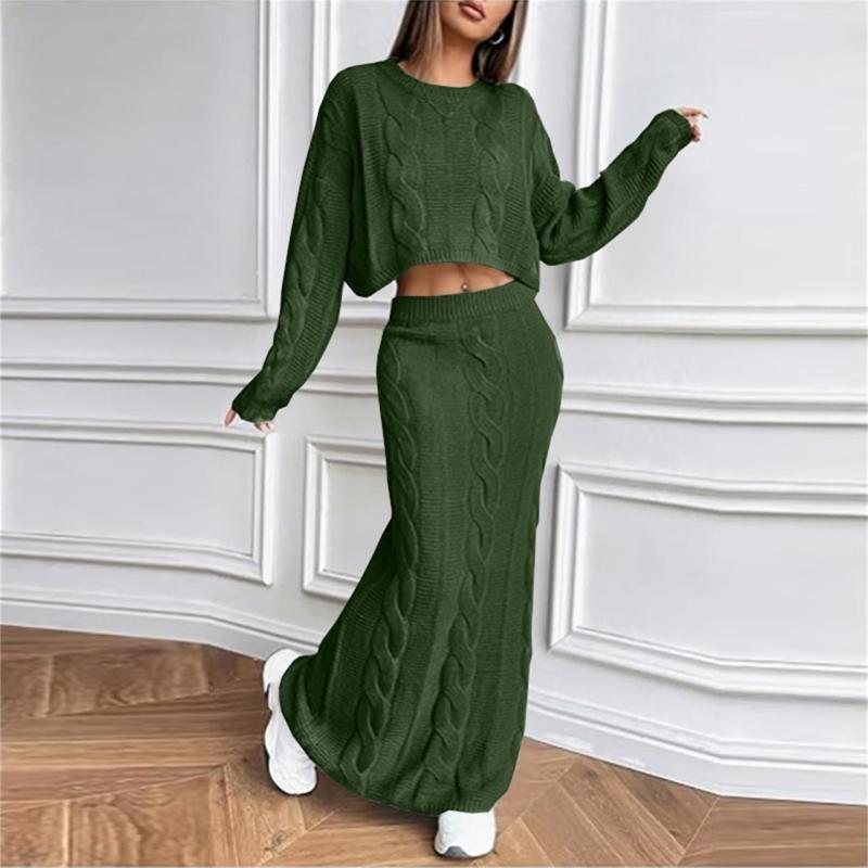 Green Long Sleeve Knitted Pullover Cardigan Pleated Bodycon Long Skirt Sets