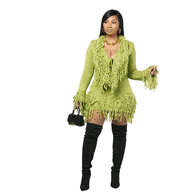 Green Long Sleeve Knitting Sweater Tassels Two Pieces Bandage Skirt Dress Sets