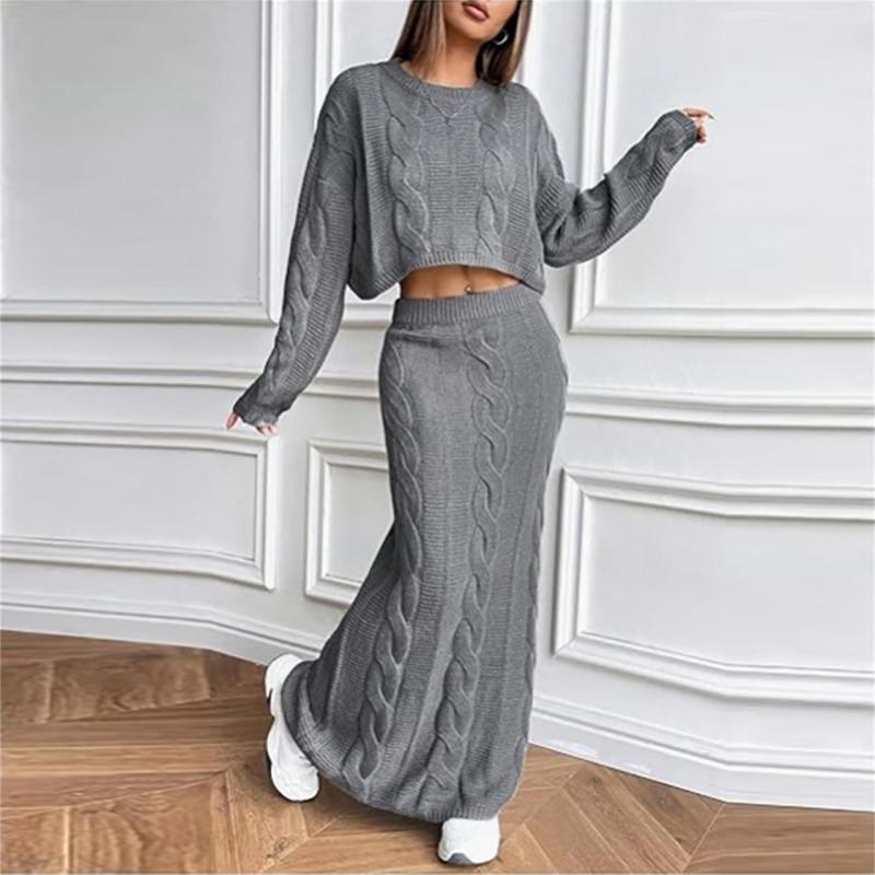 Gray Long Sleeve Knitted Pullover Cardigan Pleated Bodycon Long Skirt Sets