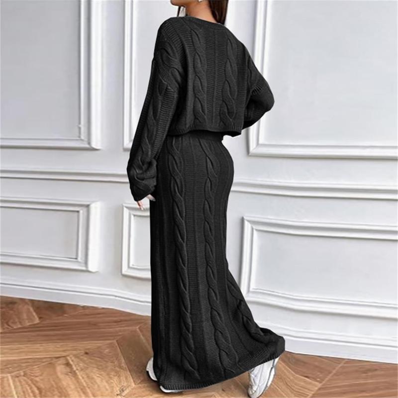 Black Long Sleeve Knitted Pullover Cardigan Pleated Bodycon Long Skirt Sets