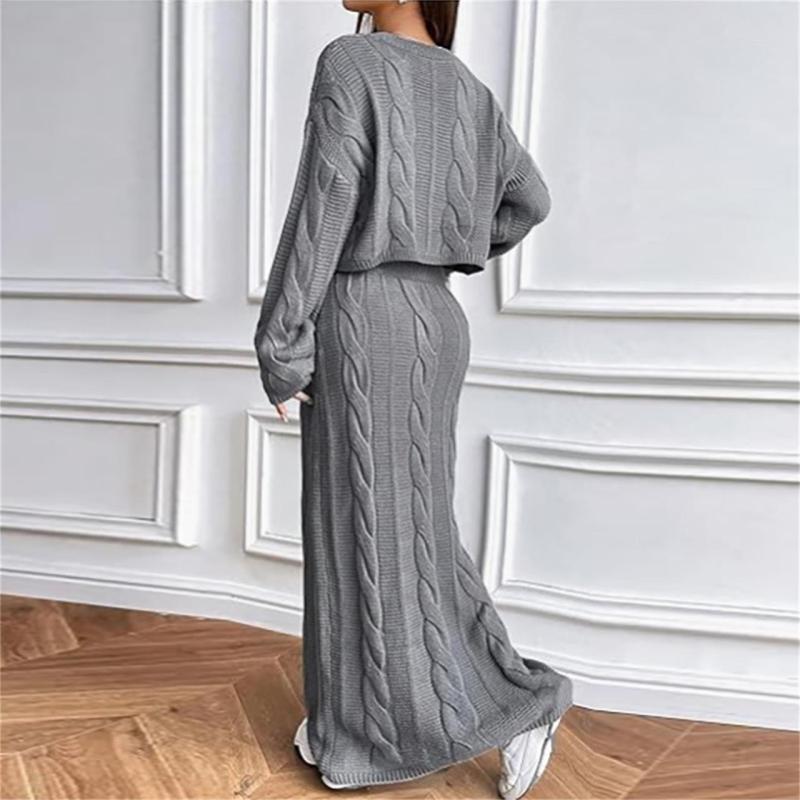 Gray Long Sleeve Knitted Pullover Cardigan Pleated Bodycon Long Skirt Sets