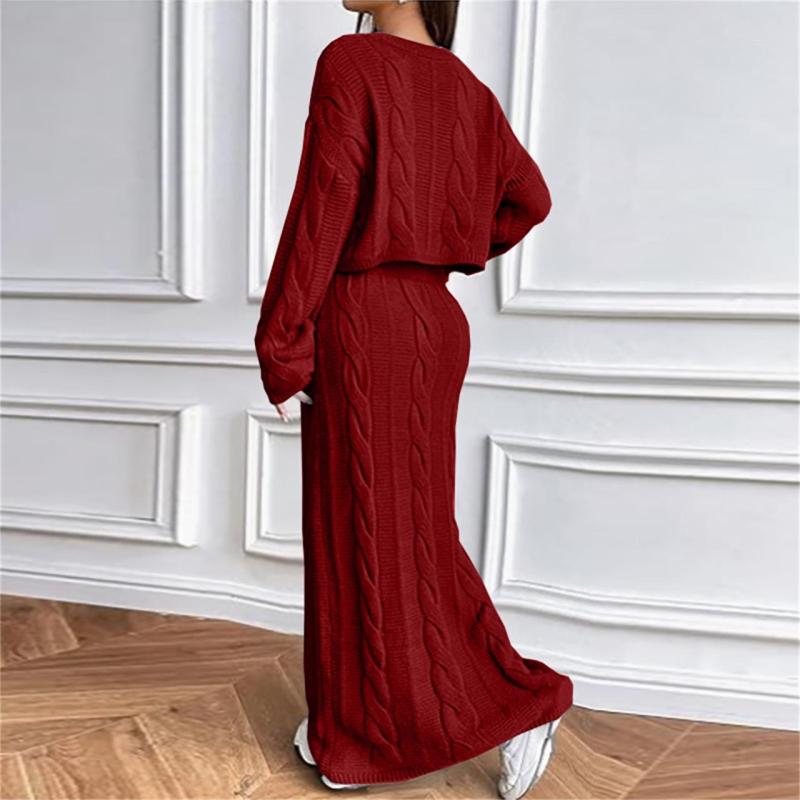 Red Long Sleeve Knitted Pullover Cardigan Pleated Bodycon Long Skirt Sets
